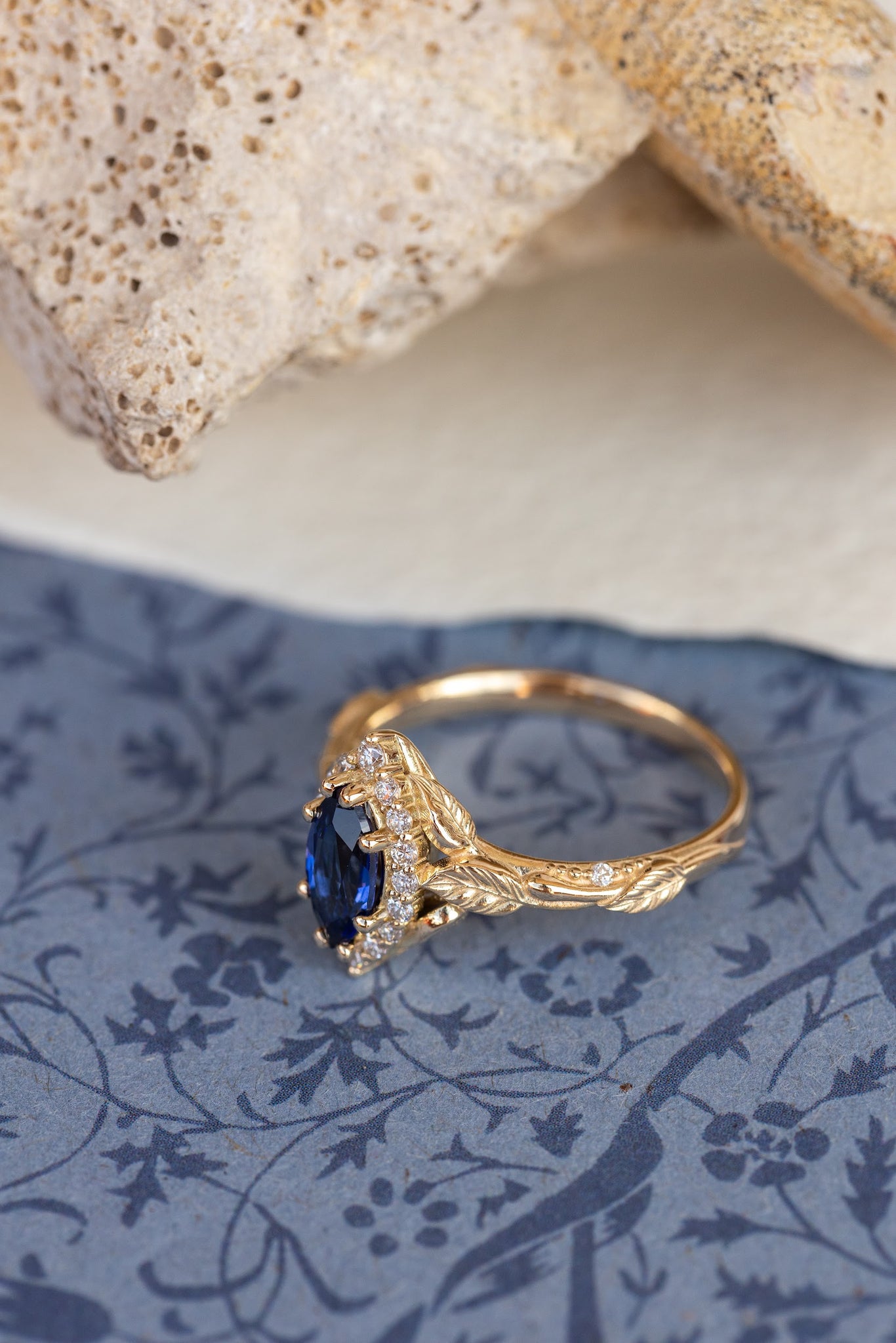 Custom order: Florentina ring with bezel setting, dark blue lab sapphire engagement ring with lab grown diamonds