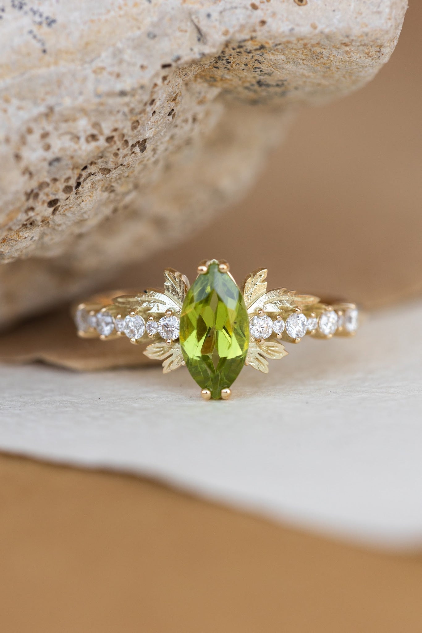 Peridot and diamonds engagement ring, nature inspired gold leaf ring / Verbena