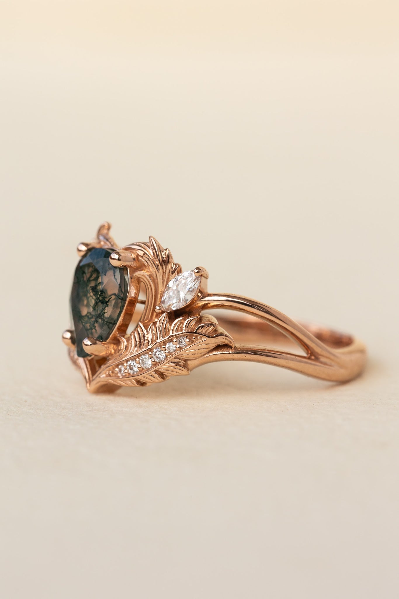 READY TO SHIP: Adonis ring in 14K rose gold, moss agate pear cut, accent lab grown diamonds, RING SIZE: 7.25US