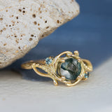 1 carat moss agate and accent teal sapphires engagement ring set, nature inspired bridal ring set / Undina - Eden Garden Jewelry™