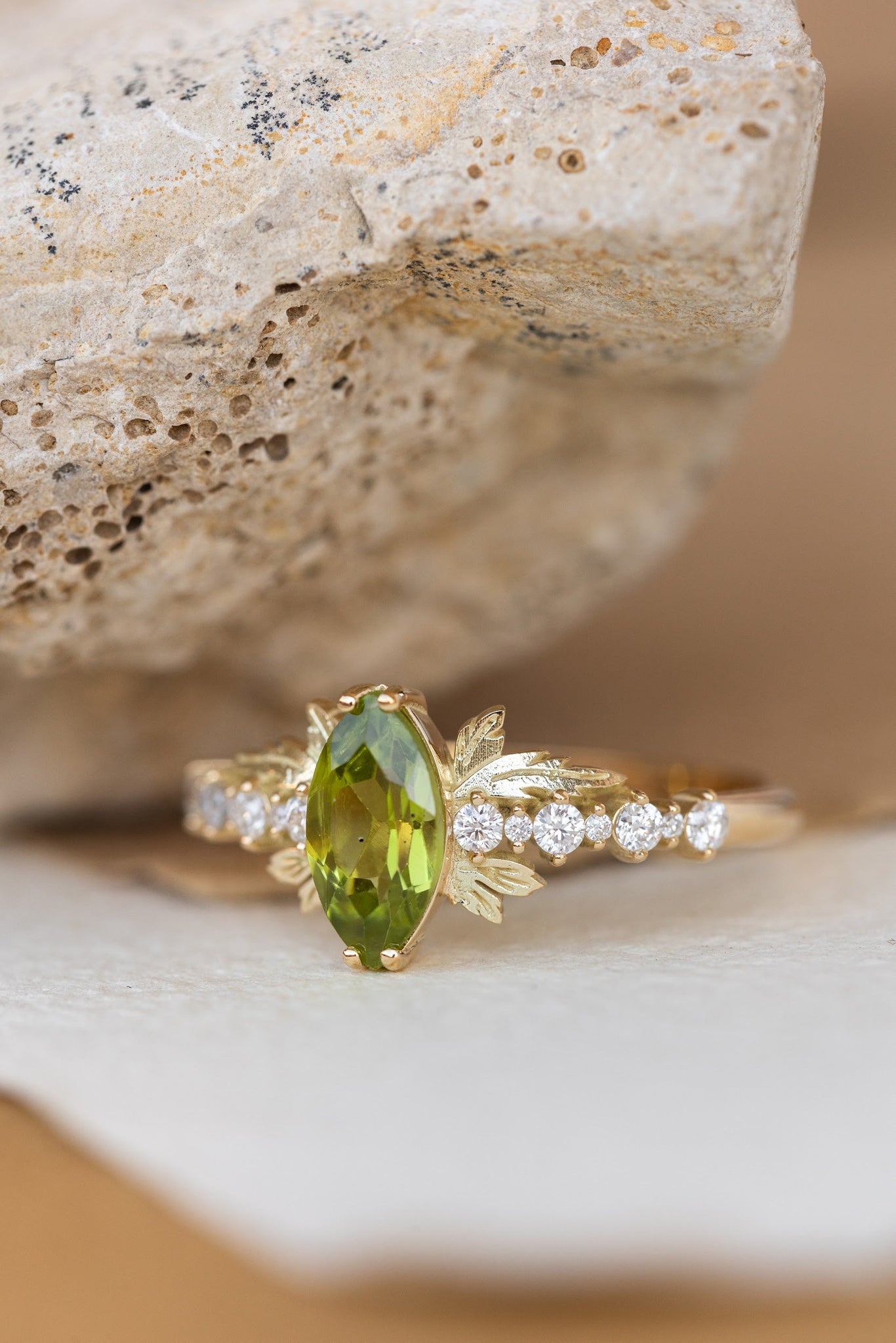 Peridot and diamonds engagement ring, nature inspired gold leaf ring / Verbena