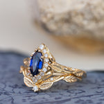 Marquise cut sapphire engagement ring set, nature inspired bridal ring set with diamond halo / Florentina - Eden Garden Jewelry™