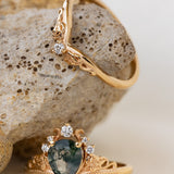 READY TO SHIP: Ariadne ring set in 18K yellow gold, pear cut moss agate, accent lab grown diamonds, RING SIZE:  5.5 - 8.5 US