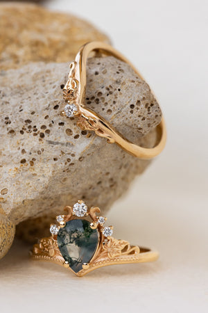 READY TO SHIP: Ariadne ring in 18K yellow gold, pear cut moss agate, accent lab grown diamonds, RING SIZE:  7US