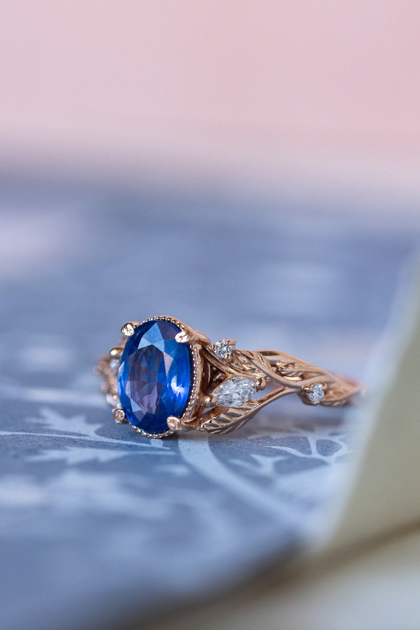 READY TO SHIP: Patricia ring in 14K rose/yellow/white gold, natural blue sapphire oval cut 8x6 mm, accent lab grown diamonds, AVAILABLE RING SIZES: 6-8US - Eden Garden Jewelry™