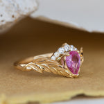 Genuine pink sapphire engagement ring set, gold palm leaves bridal ring set / Palmira Crown - Eden Garden Jewelry™