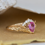 Genuine pink sapphire engagement ring set, gold palm leaves bridal ring set / Palmira Crown - Eden Garden Jewelry™