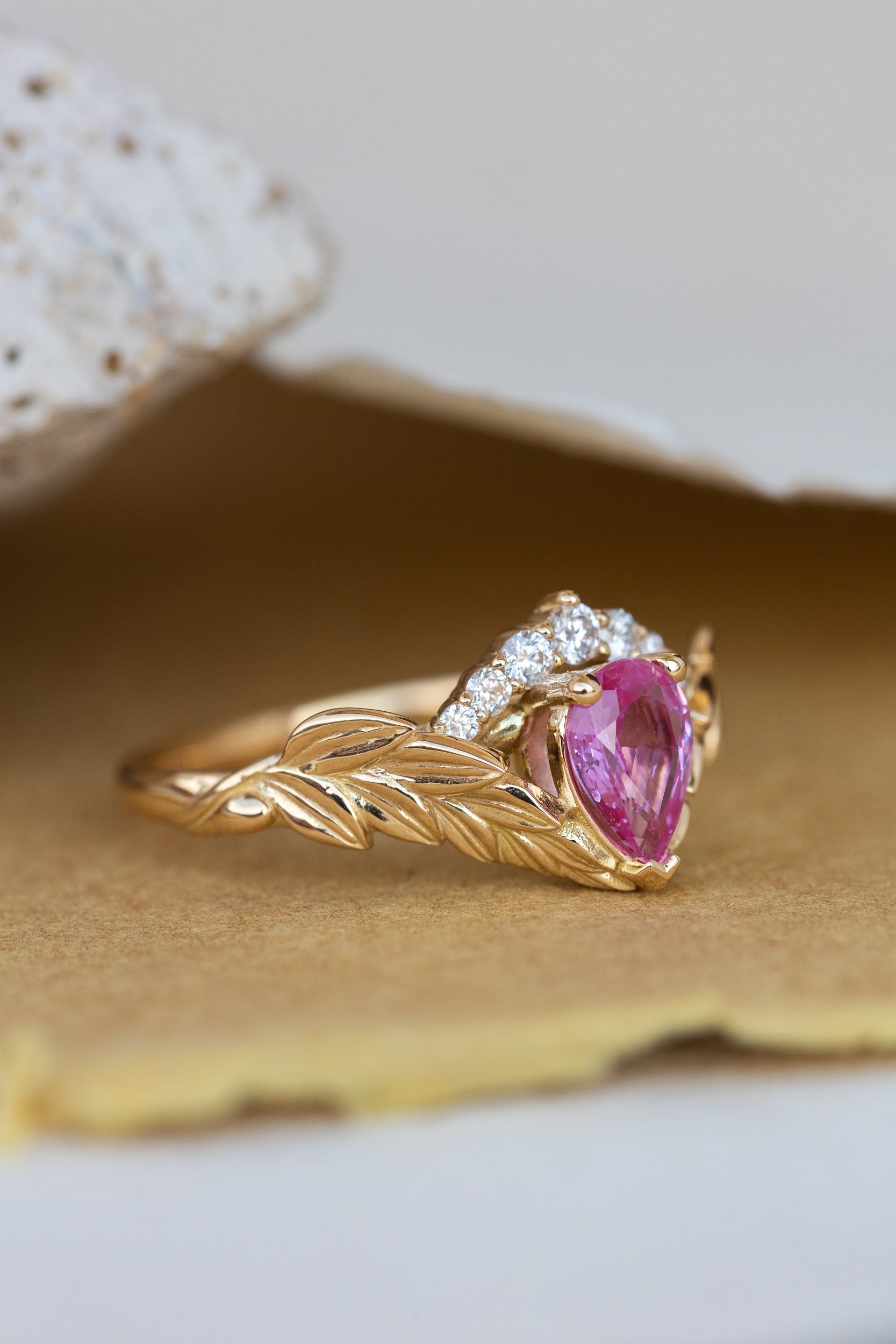 Genuine pink sapphire engagement ring set, gold palm leaves bridal ring set / Palmira Crown - Eden Garden Jewelry™