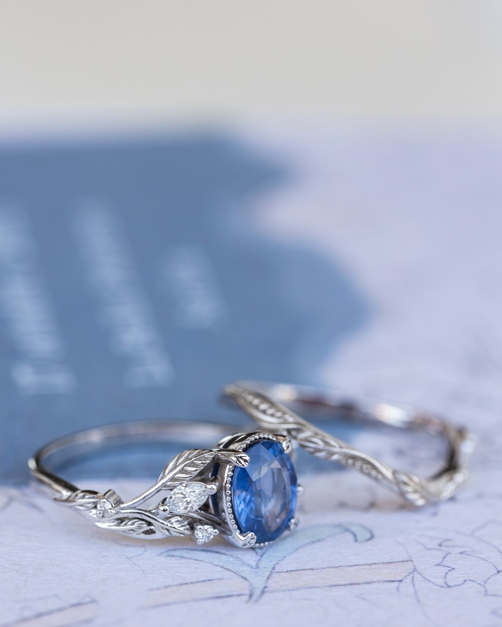 Natural blue sapphire bridal ring set, white gold leaf engagement and wedding rings / Patricia - Eden Garden Jewelry™