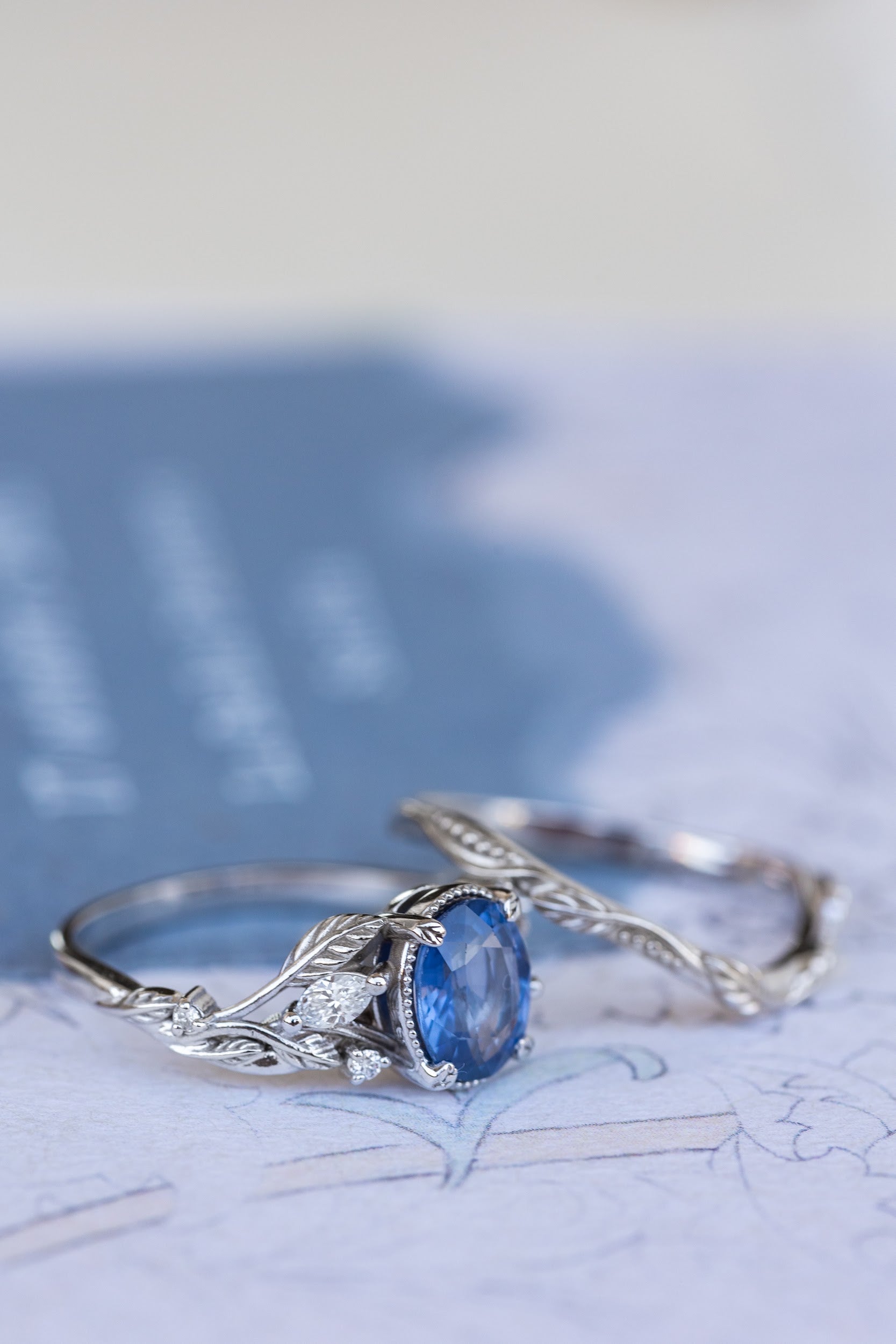 Genuine Blue Sapphire Engagement Ring Set Gold Twig Leaf Rings