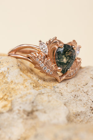 READY TO SHIP: Adonis ring in 14K rose gold, moss agate pear cut, accent lab grown diamonds, RING SIZE: 7.25US