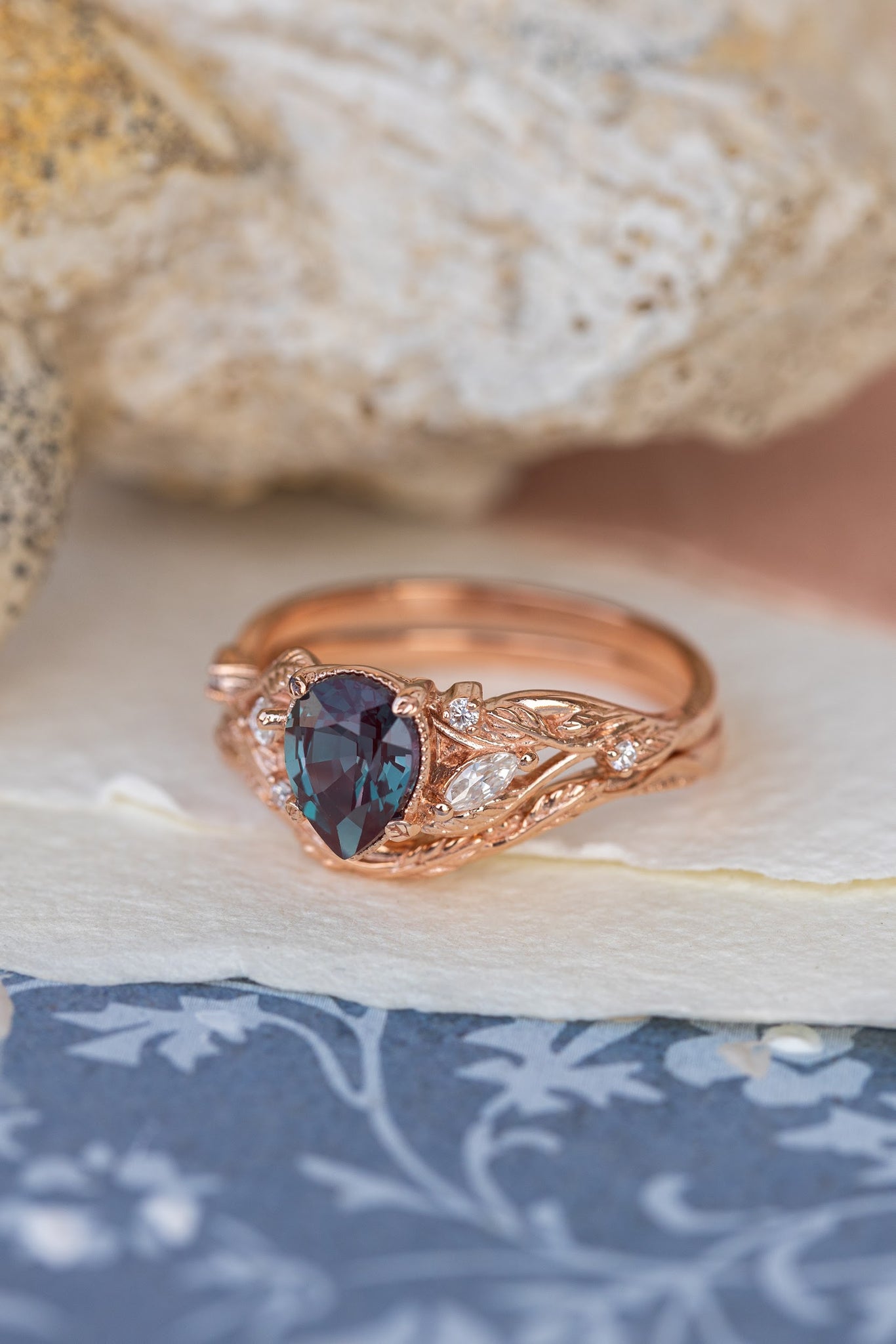 Colour changing alexandrite engagement ring set, rose gold stacking rings with accent diamonds  / Patricia - Eden Garden Jewelry™