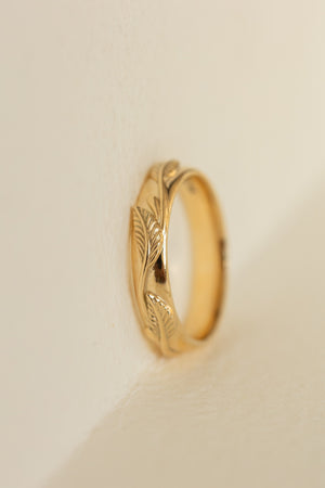 Yellow gold nature inspired wedding band, comfort fit ring for him - Eden Garden Jewelry™