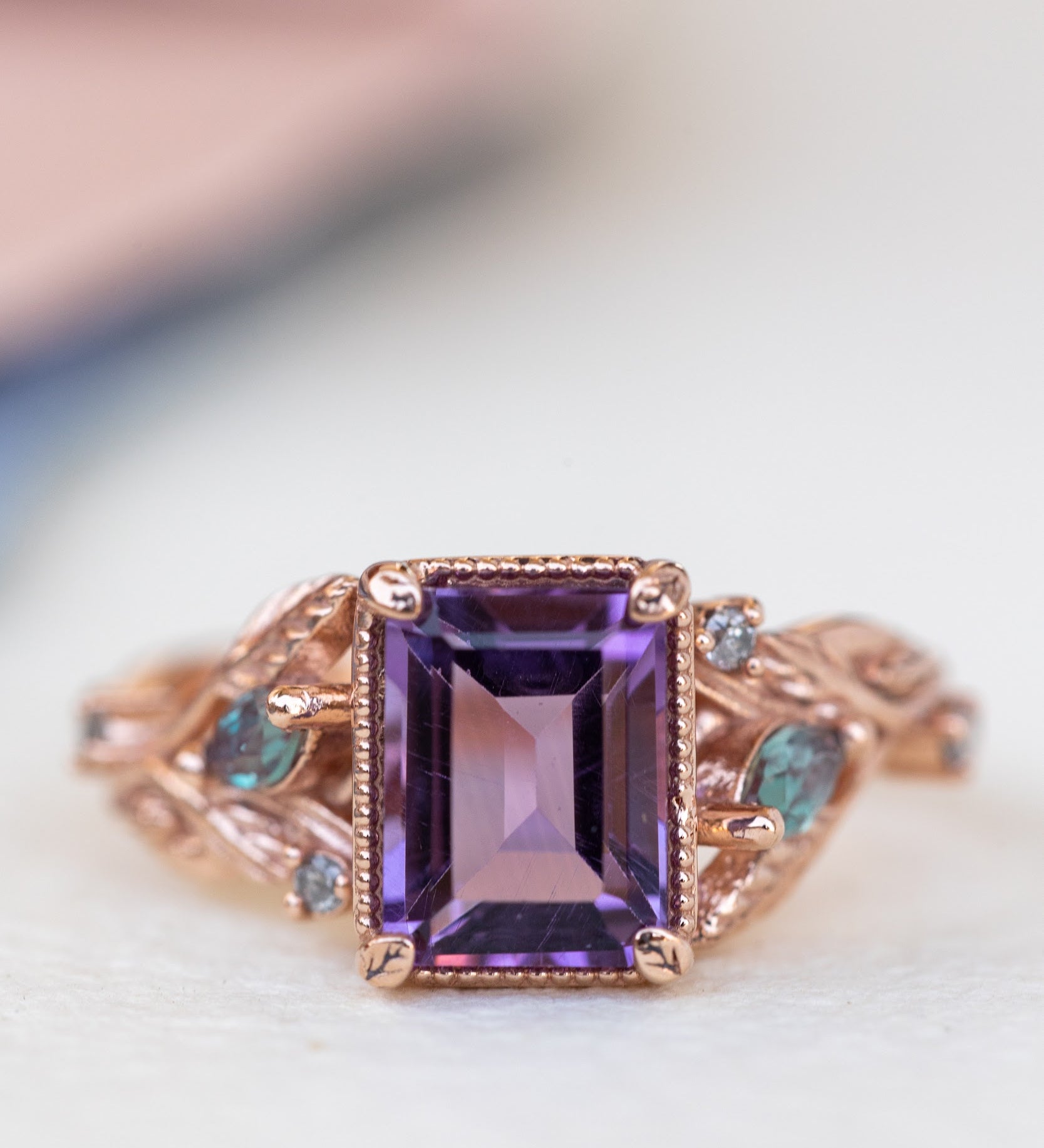 Amethyst engagement ring with alexandrites and salt&pepper diamonds / Patricia - Eden Garden Jewelry™