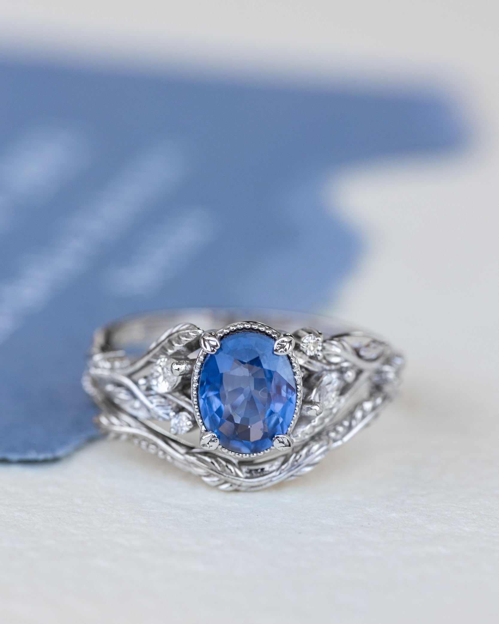 Natural blue sapphire bridal ring set, white gold leaf engagement and wedding rings / Patricia - Eden Garden Jewelry™
