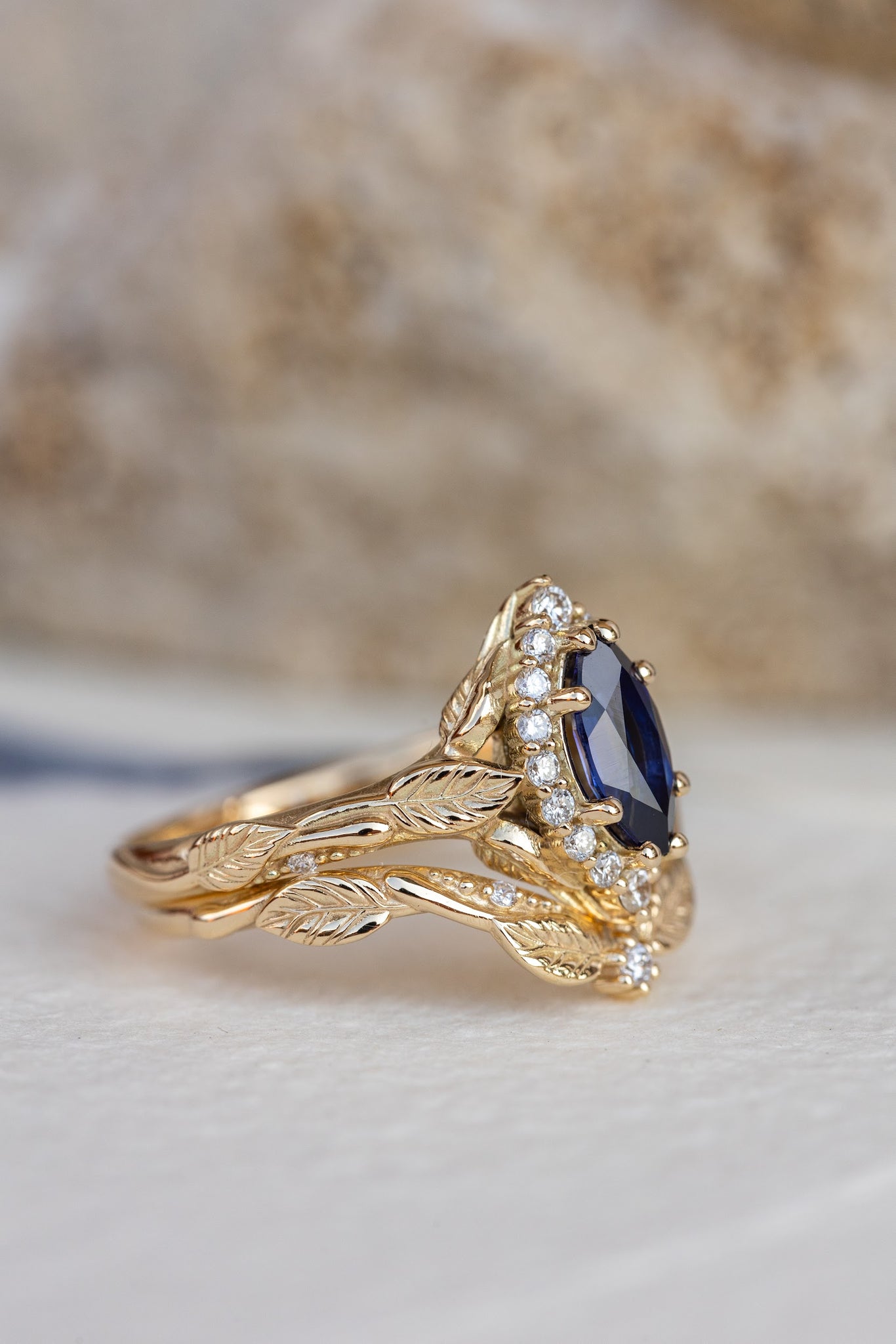 Marquise cut sapphire engagement ring set, nature inspired bridal ring set with diamond halo / Florentina - Eden Garden Jewelry™