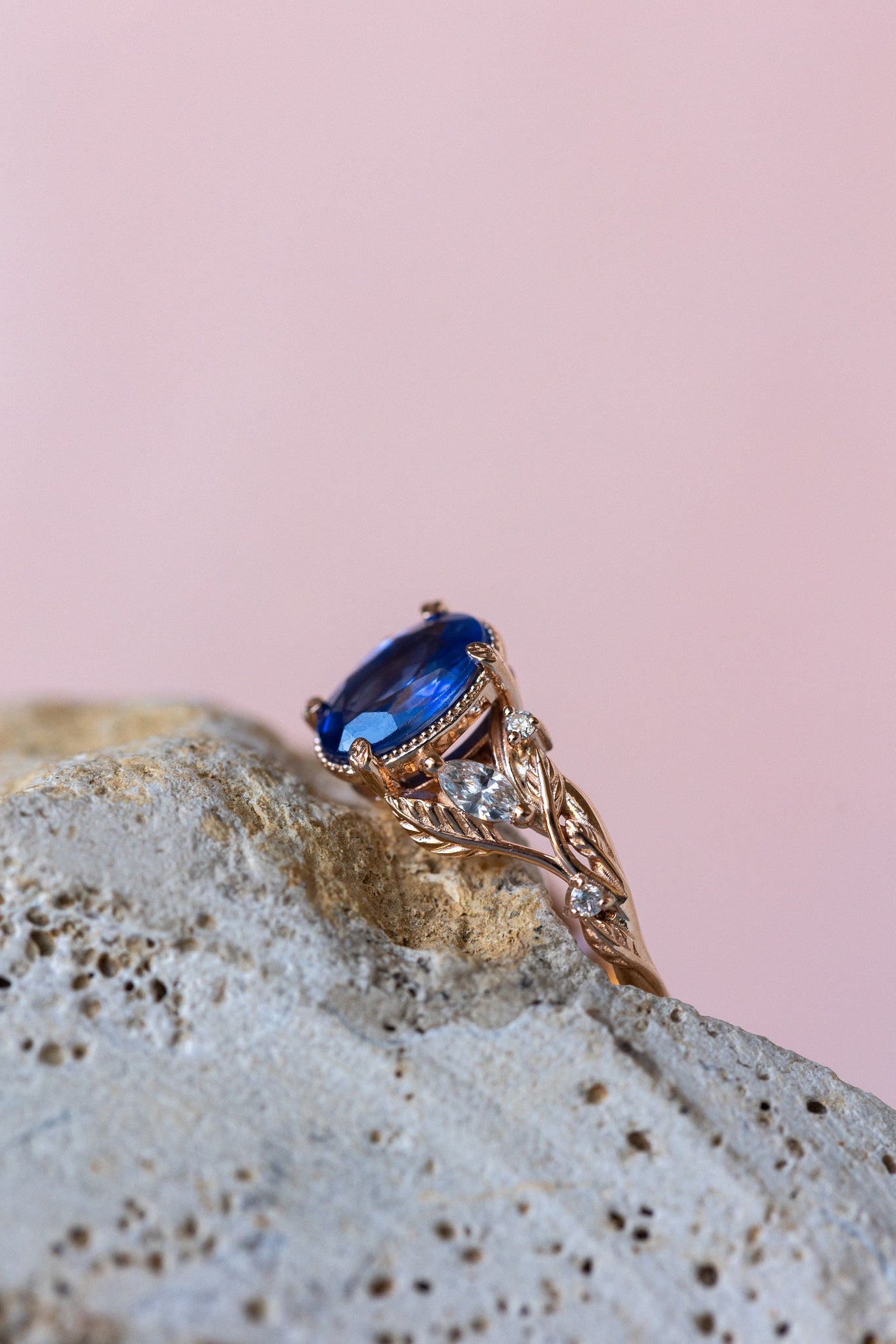 READY TO SHIP: Patricia ring in 14K or 18K rose gold, natural vivid blue sapphire 8x6 mm, accent lab grown diamonds, AVAILABLE RING SIZES: 7US