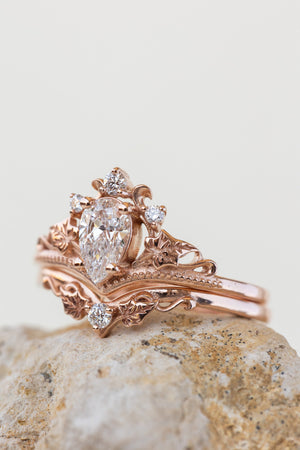 Lab grown diamond bridal ring set, nature inspired rose gold ivy leaves ring with diamonds/ Ariadne