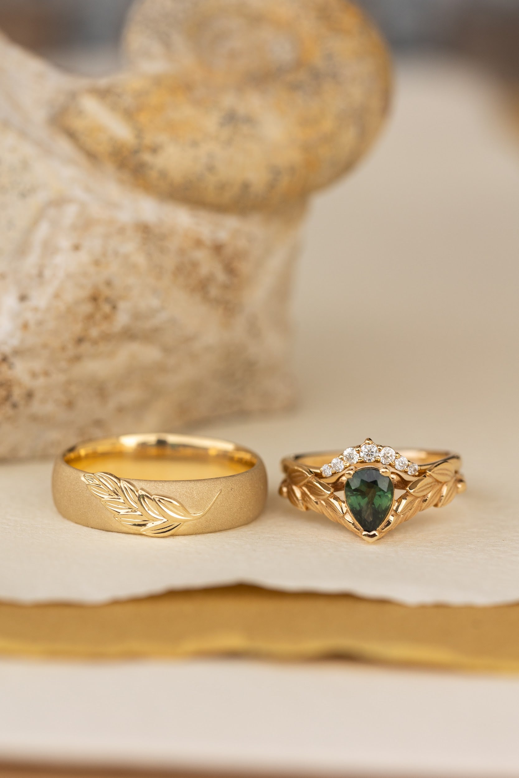 Gold Wedding Bands Set His and Her Rings Nature Inspired