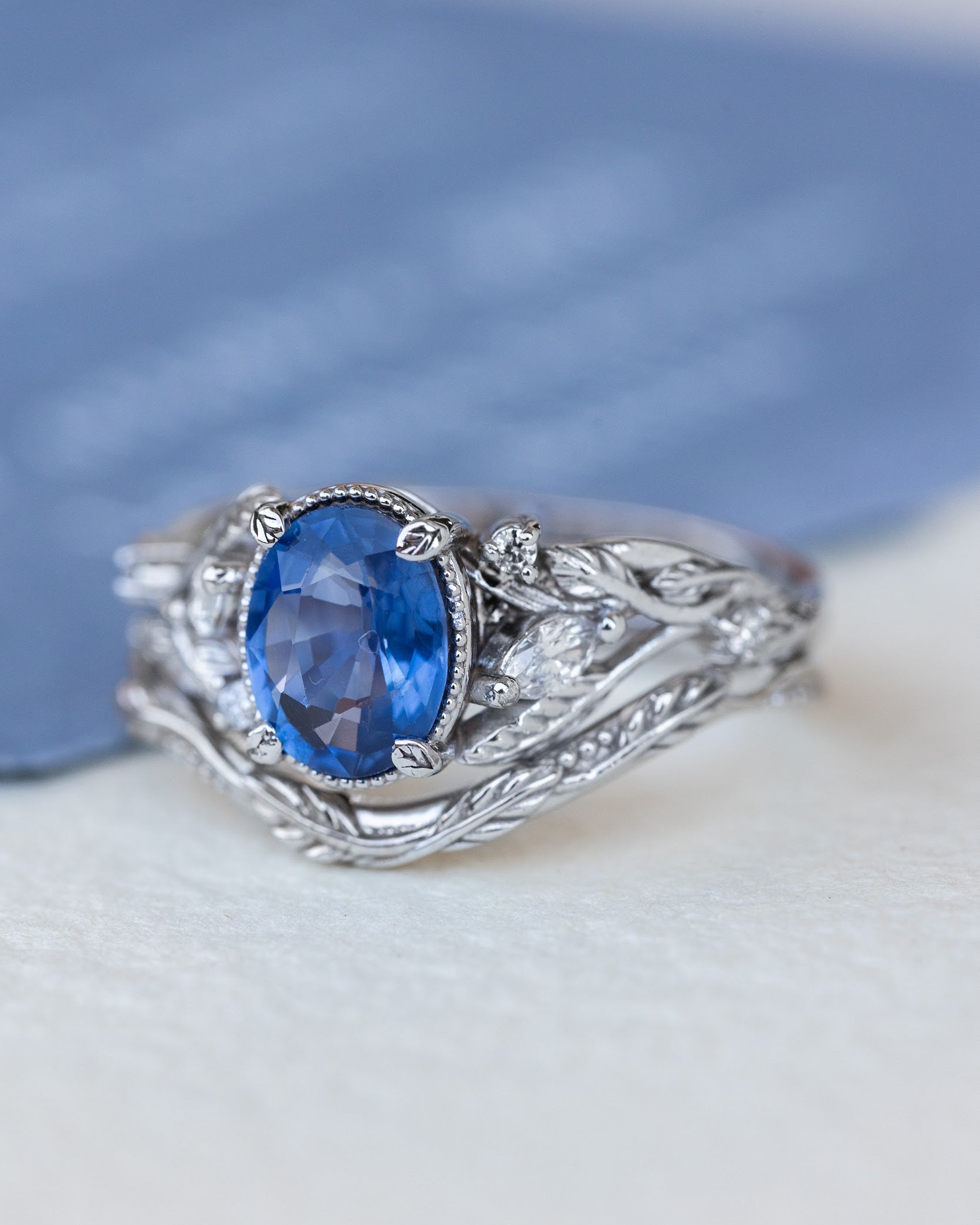 Natural blue sapphire bridal ring set, white gold leaf engagement and wedding rings / Patricia - Eden Garden Jewelry™