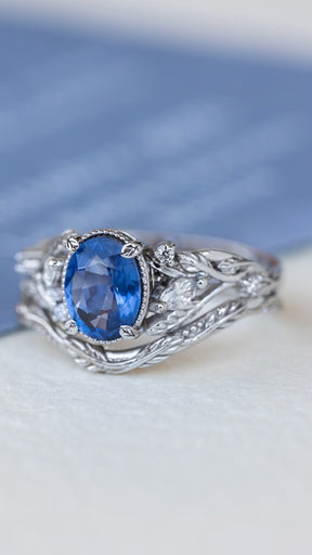 Natural blue sapphire bridal ring set, white gold leaf engagement and wedding rings / Patricia - Eden Garden Jewelry™