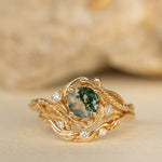 Gold bridal ring set with natural round moss agate and accent diamonds / Undina - Eden Garden Jewelry™