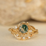 Gold bridal ring set with natural round moss agate and accent diamonds / Undina - Eden Garden Jewelry™