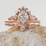 READY TO SHIP: Ariadne bridal set in 14K or 18K rose gold, pear cut lab grown diamond 7x5 mm, accents lab grown diamonds, RING SIZE: 5.5 - 8.5 US US