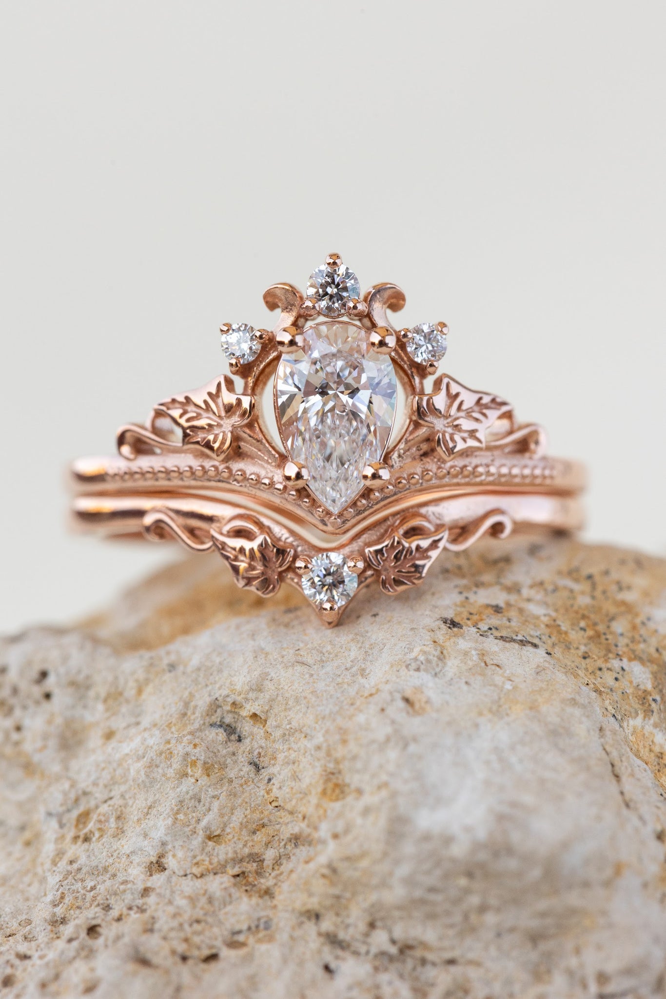 READY TO SHIP: Ariadne bridal set in 14K or 18K rose gold, pear cut lab grown diamond 7x5 mm, accents lab grown diamonds, RING SIZE: 5.5 - 8.5 US US