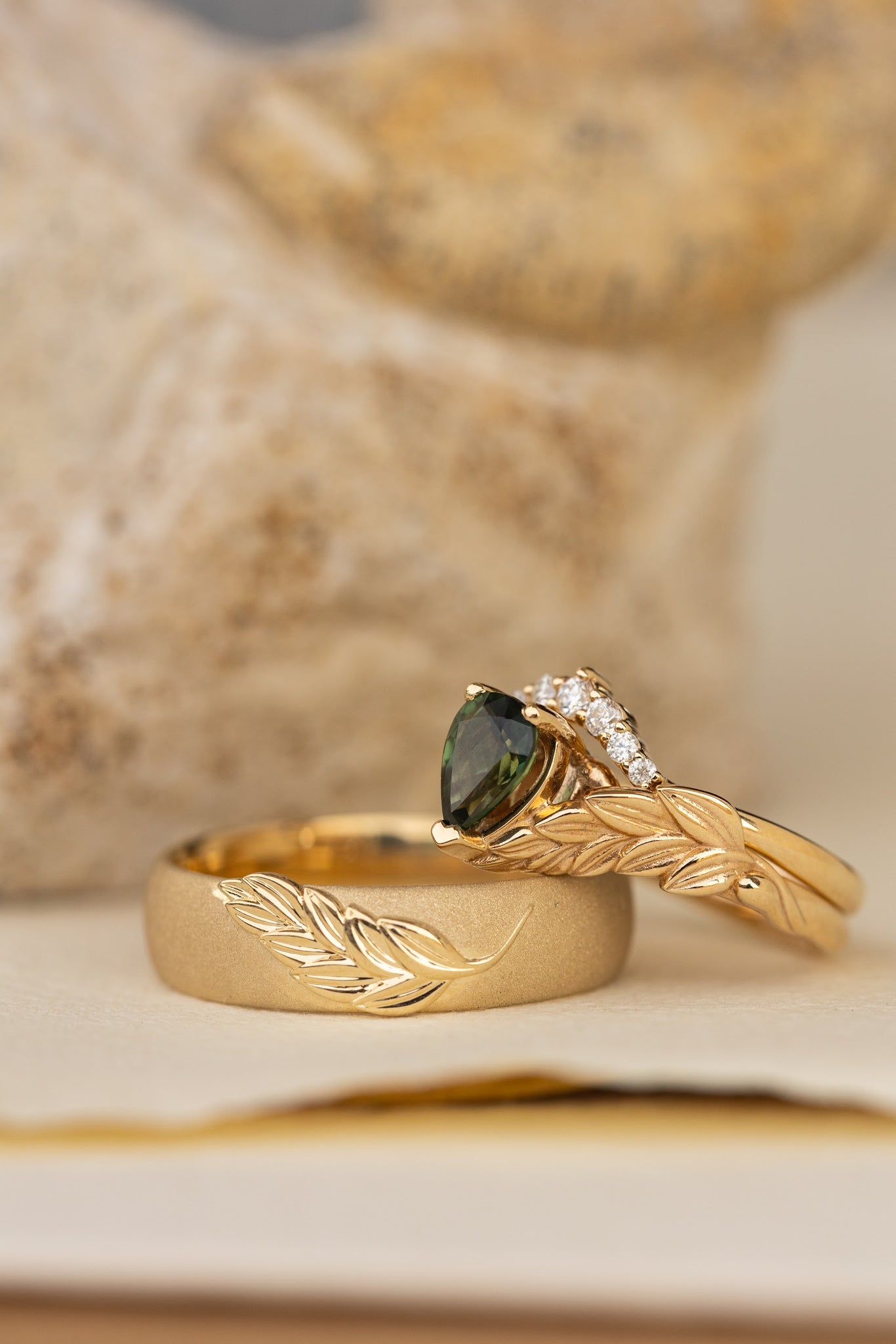 Wedding rings set for couple: palm leaf satin wedding band for him, Palmira ring set with natural green sapphire for her - Eden Garden Jewelry™