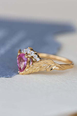 Genuine pink sapphire engagement ring set, gold palm leaves bridal ring set / Palmira Crown - Eden Garden Jewelry™