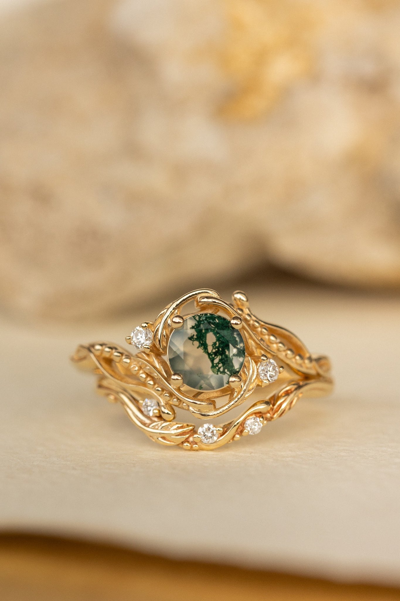 White gold bridal ring set with round moss agate and accent diamonds / Undina - Eden Garden Jewelry™