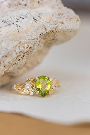 Natural peridot engagement ring, gold vines and leaves ring with accent diamonds  / Patricia - Eden Garden Jewelry™