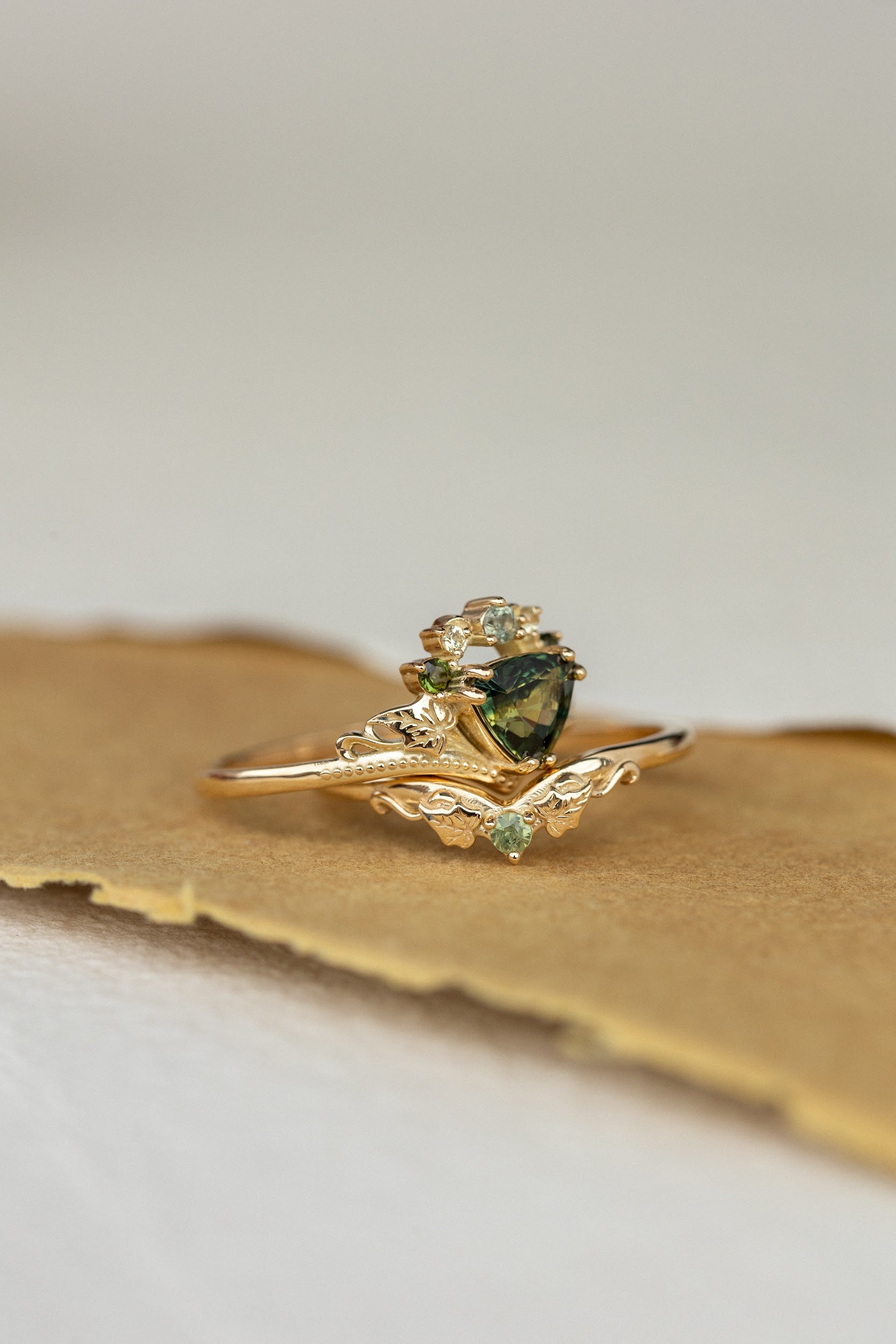 Genuine green sapphires engagement ring, trillion cut gemstone ring ...