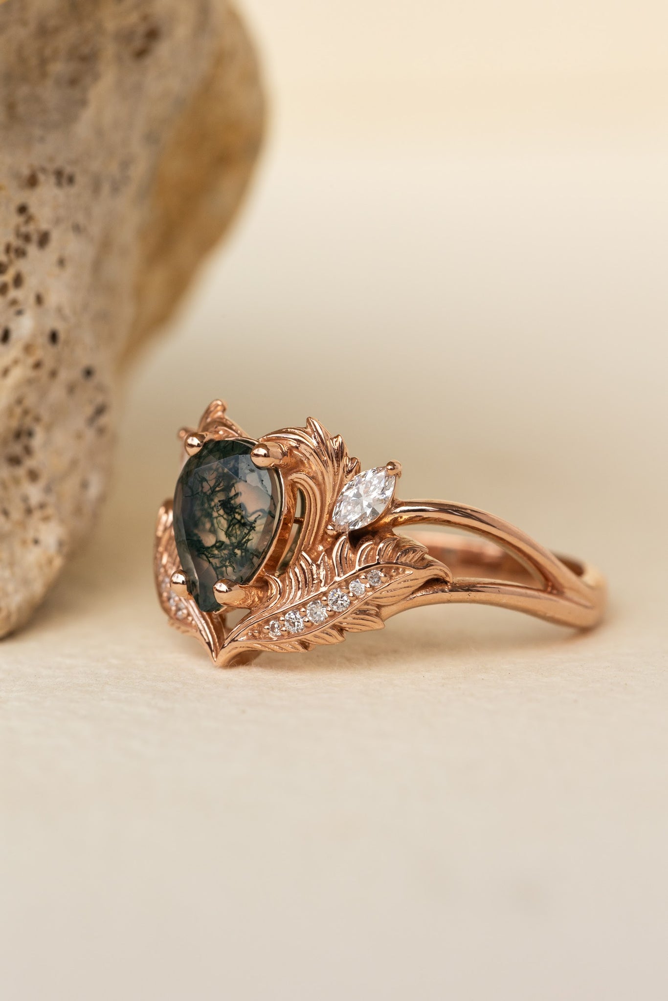 READY TO SHIP: Adonis ring in 14K rose gold, moss agate pear cut, accent lab grown diamonds, RING SIZE: 7.25US