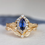 Marquise cut sapphire engagement ring set, nature inspired bridal ring set with diamond halo / Florentina - Eden Garden Jewelry™