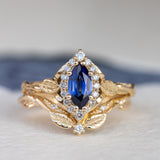 Marquise cut sapphire engagement ring set, nature inspired bridal ring set with diamond halo / Florentina - Eden Garden Jewelry™