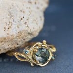 1 carat moss agate and accent teal sapphires engagement ring set, nature inspired bridal ring set / Undina - Eden Garden Jewelry™