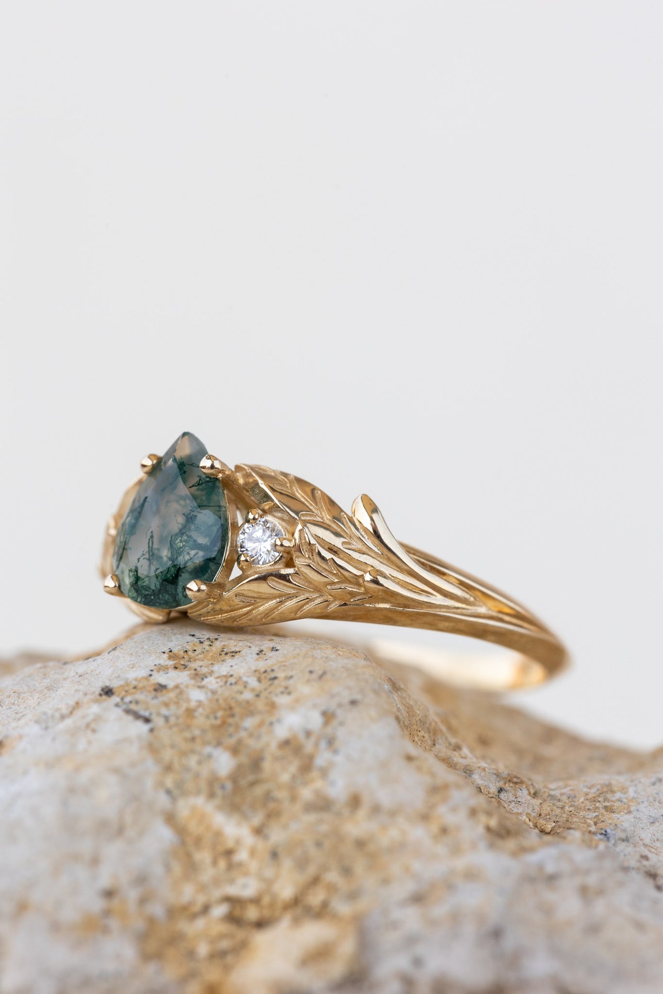 READY TO SHIP: Wisteria ring in 14K or 18K yellow gold, pear moss agate, accents lab grown diamonds, RING SIZE: 7.25 US