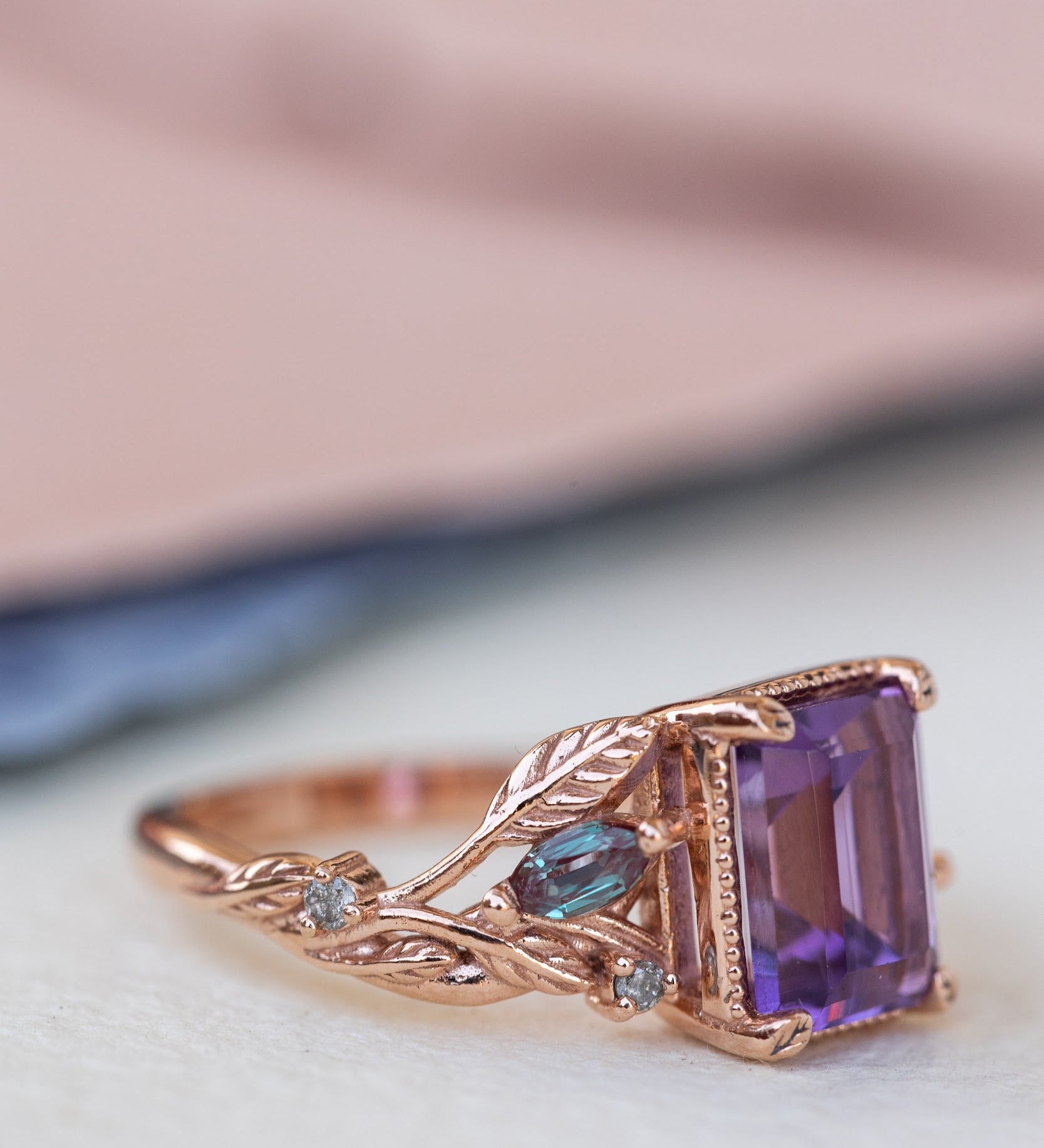 READY TO SHIP: Patricia ring in 14K rose gold, natural amethyst emerald cut 8x6 mm, accents lab alexandrites and natural salt and pepper diamonds, AVAILABLE RING SIZES: 6-8US - Eden Garden Jewelry™