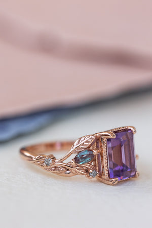 READY TO SHIP: Patricia ring in 14K rose gold, natural amethyst emerald cut 8x6 mm, accents lab alexandrites and natural salt and pepper diamonds, AVAILABLE RING SIZES: 6-8US - Eden Garden Jewelry™