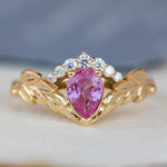 Genuine pink sapphire engagement ring set, gold palm leaves bridal ring set / Palmira Crown - Eden Garden Jewelry™