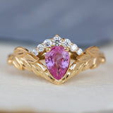 Genuine pink sapphire engagement ring set, gold palm leaves bridal ring set / Palmira Crown - Eden Garden Jewelry™