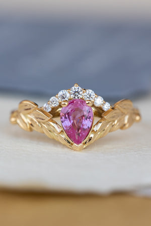 Pink sapphire and diamond crown engagement ring, rose gold leaves ring with diamonds / Palmira Crown - Eden Garden Jewelry™