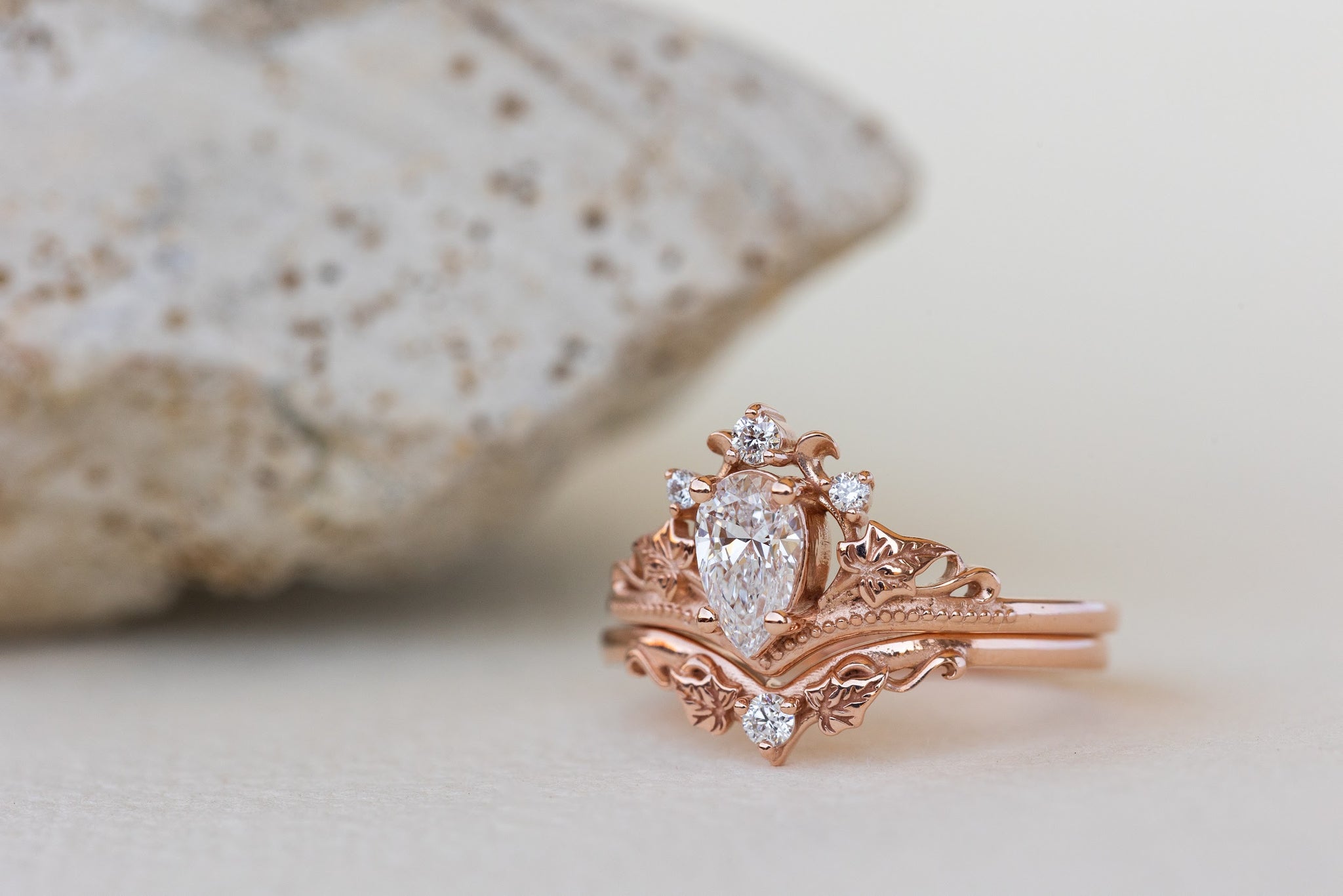 READY TO SHIP: Ariadne bridal set in 14K or 18K rose gold, pear cut lab grown diamond 7x5 mm, accents lab grown diamonds, RING SIZE: 7 US