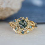 1 carat moss agate and accent teal sapphires engagement ring set, nature inspired bridal ring set / Undina - Eden Garden Jewelry™