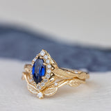 Marquise cut sapphire engagement ring set, nature inspired bridal ring set with diamond halo / Florentina - Eden Garden Jewelry™