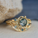 1 carat moss agate and accent teal sapphires engagement ring set, nature inspired bridal ring set / Undina - Eden Garden Jewelry™