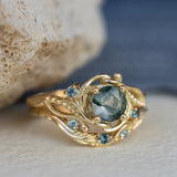 1 carat moss agate and accent teal sapphires engagement ring set, nature inspired bridal ring set / Undina - Eden Garden Jewelry™