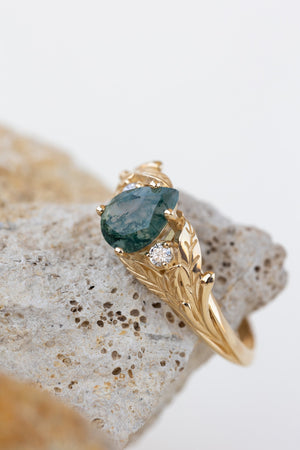 READY TO SHIP: Wisteria ring in 14K or 18K yellow gold, pear moss agate, accents lab grown diamonds, RING SIZE: 7.25 US